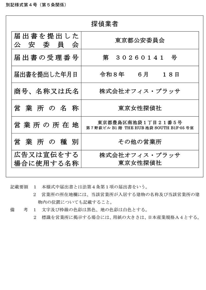 東京女性探偵社の探偵業標識